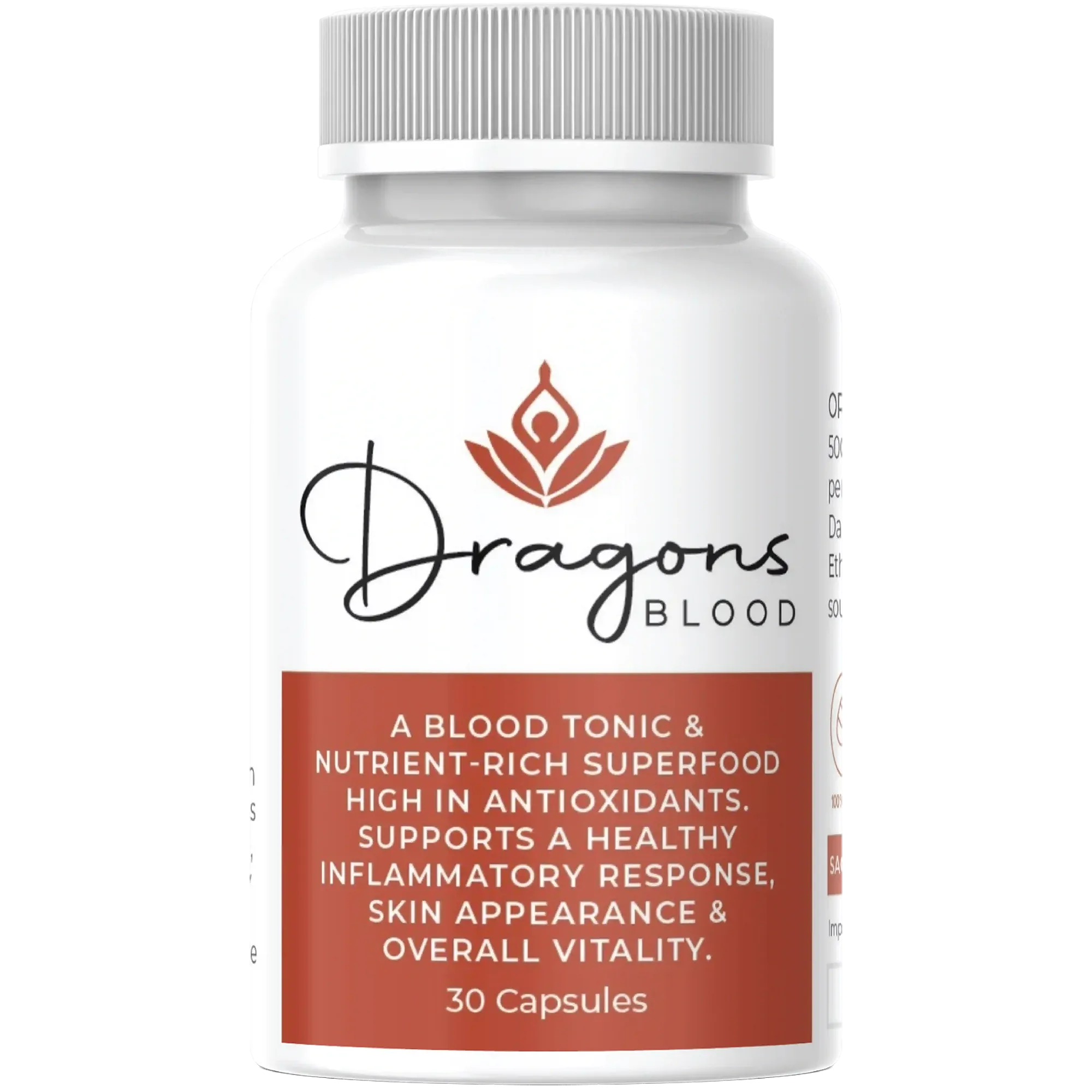 Dragons Blood South Africa supplement bottle – nutrient-rich superfood capsules, blood tonic high in antioxidants, supports skin appearance, vitality, and healthy inflammatory response – 30 capsules.