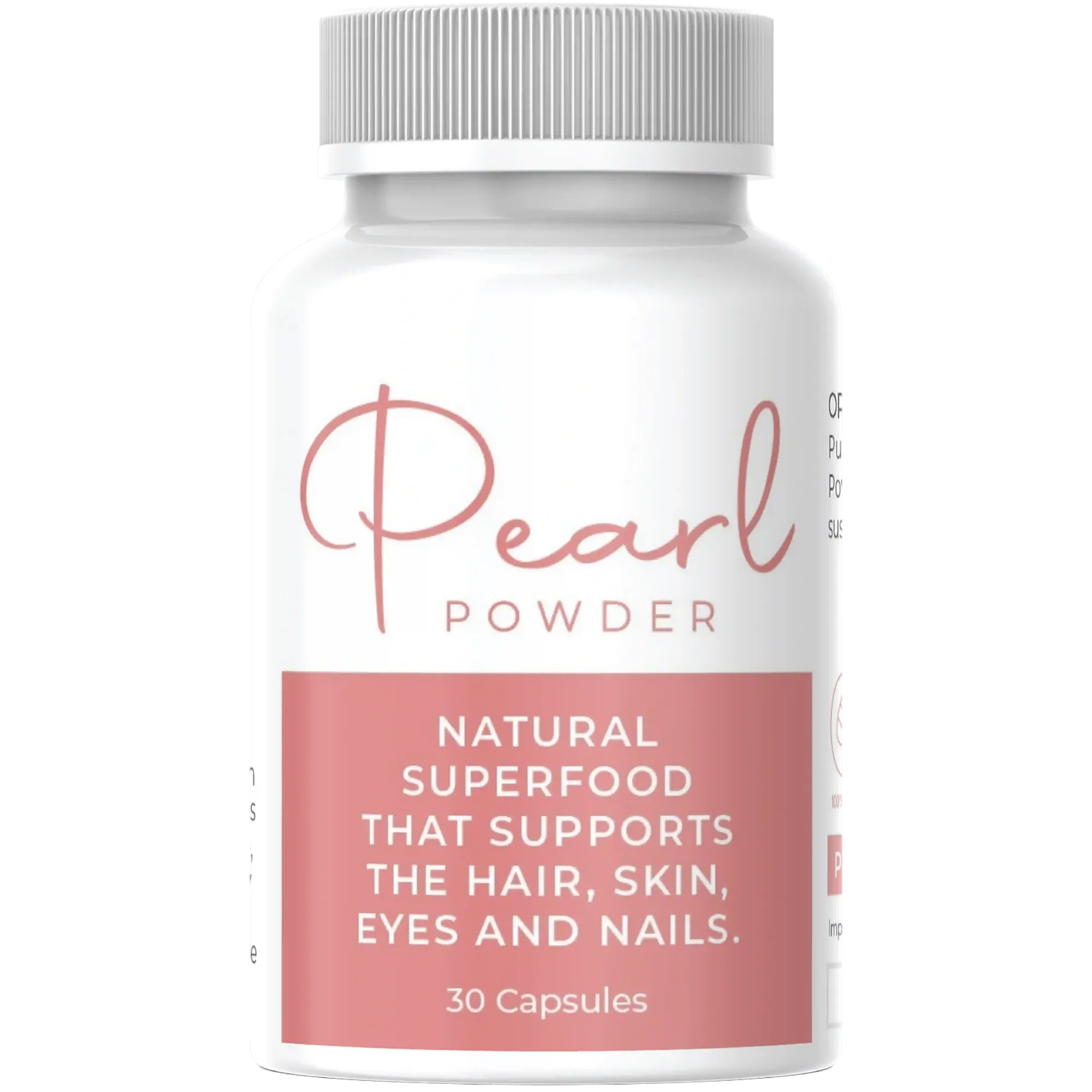 Pearl Powder South Africa supplement bottle – natural superfood capsules that support hair, skin, eyes, and nails – 30 capsules.
